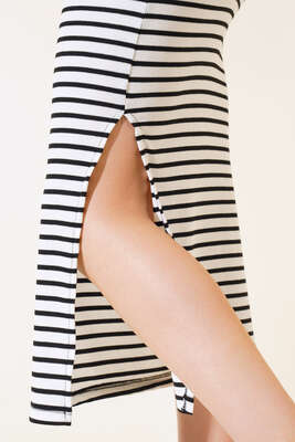 Yatay Çizgili Etekli İkili Takım Ekru - Yılın Fırsatı