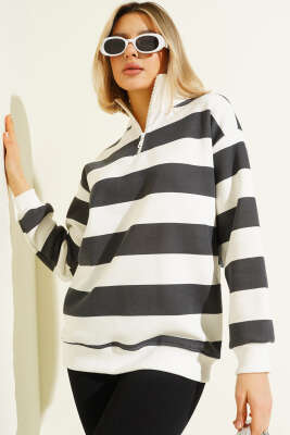 Yatay Çizgili Fermuarlı Üç İplik Sweatshirt Füme - CALİENTE
