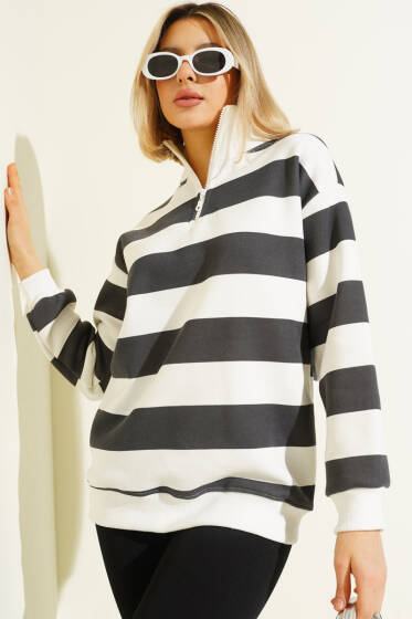 Yatay Çizgili Fermuarlı Üç İplik Sweatshirt Füme - Kadın Giyim Modelleri