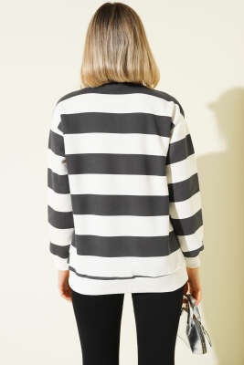 Yatay Çizgili Fermuarlı Üç İplik Sweatshirt Füme - Kadın Giyim Modelleri