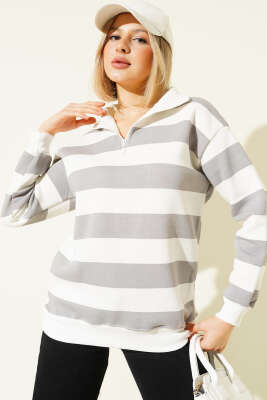 Yatay Çizgili Fermuarlı Üç İplik Sweatshirt Gri - CALİENTE