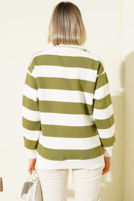 Yatay Çizgili Fermuarlı Üç İplik Sweatshirt Haki - Kadın Giyim Modelleri