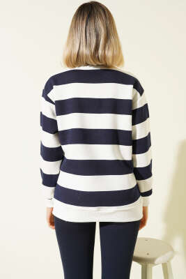 Yatay Çizgili Fermuarlı Üç İplik Sweatshirt Lacivert - Kadın Giyim Modelleri