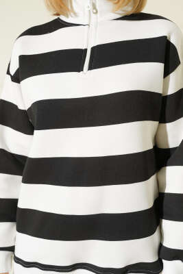 Yatay Çizgili Fermuarlı Üç İplik Sweatshirt Siyah - Kadın Giyim Modelleri