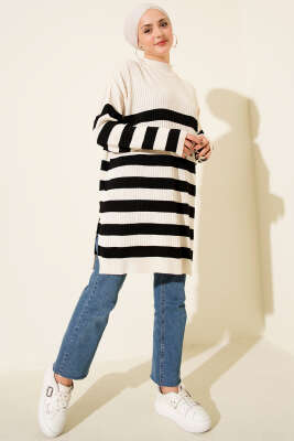 Yatay Çizgili Fitilli Triko Tunik Bej - FİXAY