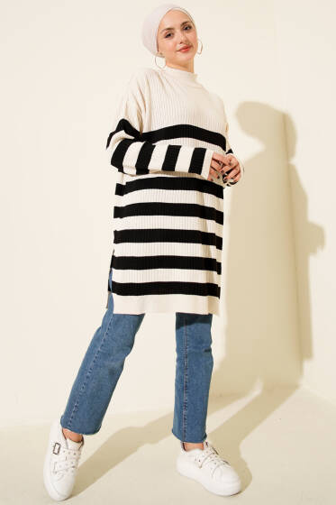 Yatay Çizgili Fitilli Triko Tunik Bej - Tunik