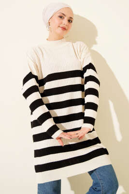 Yatay Çizgili Fitilli Triko Tunik Bej - Tunik