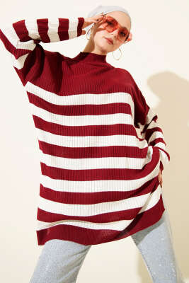 Yatay Çizgili Fitilli Triko Tunik Bordo - FİXAY