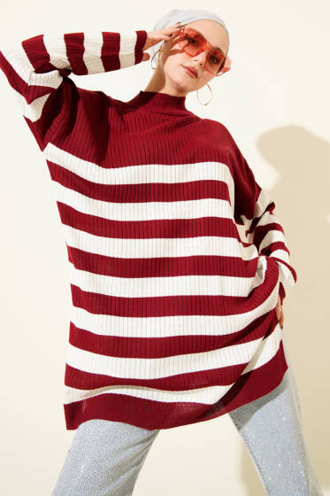 Yatay Çizgili Fitilli Triko Tunik Bordo - Tunik
