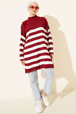 Yatay Çizgili Fitilli Triko Tunik Bordo - Tunik
