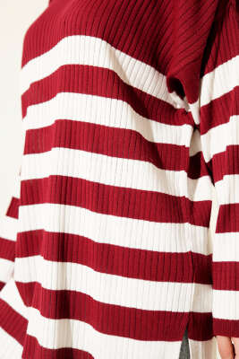 Yatay Çizgili Fitilli Triko Tunik Bordo - Tunik