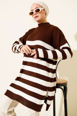Yatay Çizgili Fitilli Triko Tunik Kahve - FİXAY