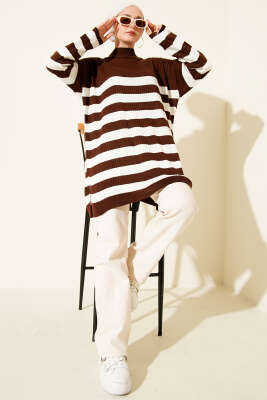 Yatay Çizgili Fitilli Triko Tunik Kahve - Tunik