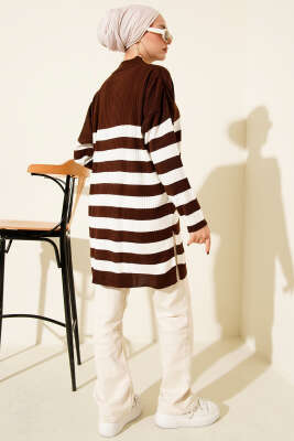 Yatay Çizgili Fitilli Triko Tunik Kahve - Tunik