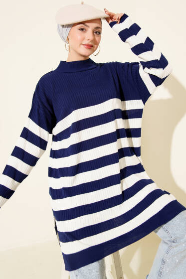 Yatay Çizgili Fitilli Triko Tunik Lacivert - Tunik