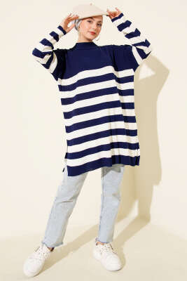Yatay Çizgili Fitilli Triko Tunik Lacivert - Tunik