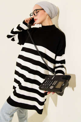 Yatay Çizgili Fitilli Triko Tunik Siyah - FİXAY