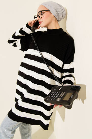 Yatay Çizgili Fitilli Triko Tunik Siyah - Tunik