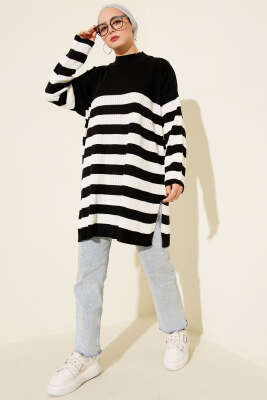 Yatay Çizgili Fitilli Triko Tunik Siyah - Tunik