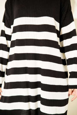 Yatay Çizgili Fitilli Triko Tunik Siyah - Tunik