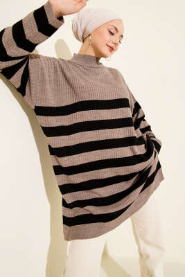 Yatay Çizgili Fitilli Triko Tunik Vizon - FİXAY