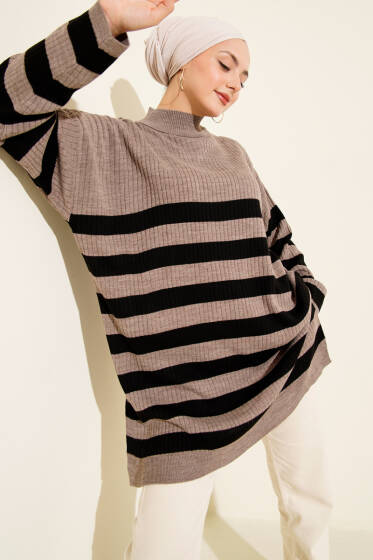 Yatay Çizgili Fitilli Triko Tunik Vizon - Tunik