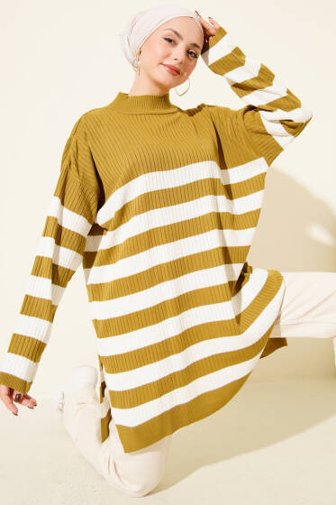 Yatay Çizgili Fitilli Triko Tunik Yağ Yeşili - Tunik