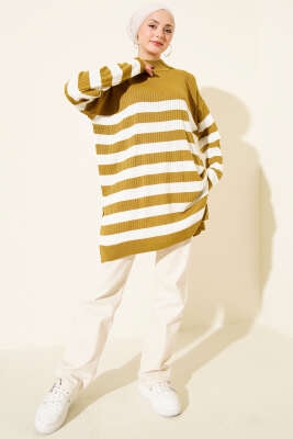 Yatay Çizgili Fitilli Triko Tunik Yağ Yeşili - Tunik