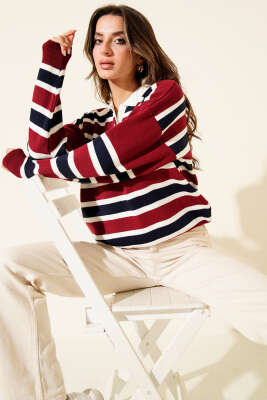 Yatay Çizgili Gömlek Yaka Triko Kazak Bordo 