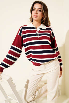 Yatay Çizgili Gömlek Yaka Triko Kazak Bordo - Kadın Giyim Modelleri