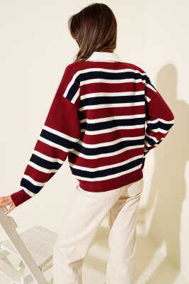 Yatay Çizgili Gömlek Yaka Triko Kazak Bordo - Kadın Giyim Modelleri