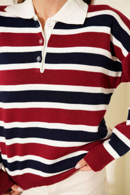 Yatay Çizgili Gömlek Yaka Triko Kazak Bordo - Kadın Giyim Modelleri