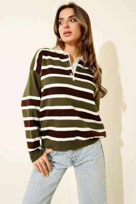 Yatay Çizgili Gömlek Yaka Triko Kazak Haki - FİXAY