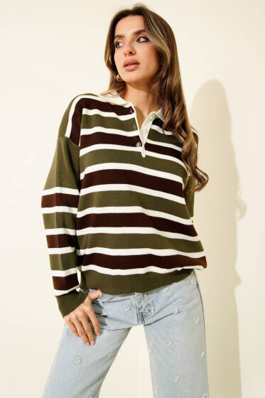 Yatay Çizgili Gömlek Yaka Triko Kazak Haki - Kadın Giyim Modelleri