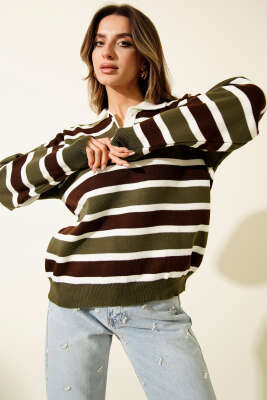 Yatay Çizgili Gömlek Yaka Triko Kazak Haki - Kadın Giyim Modelleri