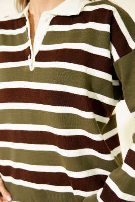 Yatay Çizgili Gömlek Yaka Triko Kazak Haki - Kadın Giyim Modelleri