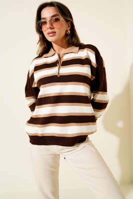 Yatay Çizgili Gömlek Yaka Triko Kazak Kahve - Kadın Giyim Modelleri