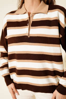 Yatay Çizgili Gömlek Yaka Triko Kazak Kahve - Kadın Giyim Modelleri