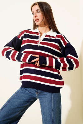 Yatay Çizgili Gömlek Yaka Triko Kazak Lacivert - Günün Seçilenleri