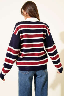 Yatay Çizgili Gömlek Yaka Triko Kazak Lacivert - Günün Seçilenleri