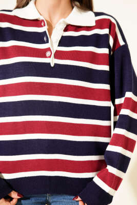 Yatay Çizgili Gömlek Yaka Triko Kazak Lacivert - Kadın Giyim Modelleri