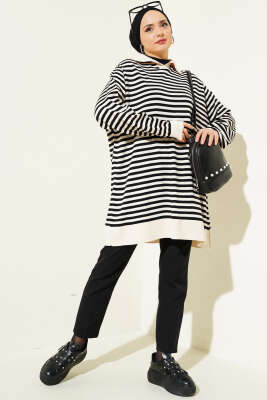 Yatay Çizgili Gömlek Yaka Triko Tunik Bej - Triko Tunik