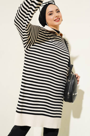 Yatay Çizgili Gömlek Yaka Triko Tunik Bej - Tunik
