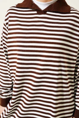 Yatay Çizgili Gömlek Yaka Triko Tunik Kahve - Triko Tunik