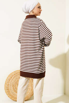 Yatay Çizgili Gömlek Yaka Triko Tunik Kahve - Triko Tunik