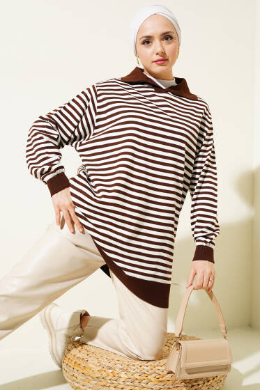 Yatay Çizgili Gömlek Yaka Triko Tunik Kahve - Tunik