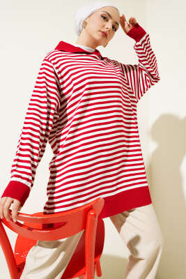 Yatay Çizgili Gömlek Yaka Triko Tunik Kırmızı 