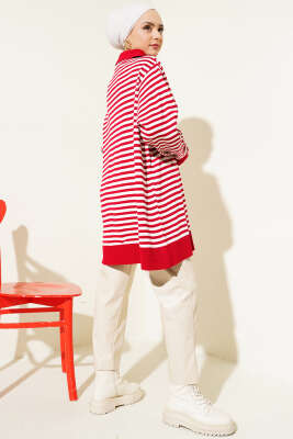 Yatay Çizgili Gömlek Yaka Triko Tunik Kırmızı - Triko Tunik