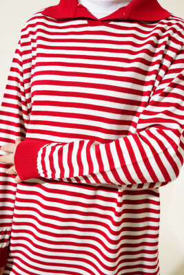 Yatay Çizgili Gömlek Yaka Triko Tunik Kırmızı - Triko Tunik
