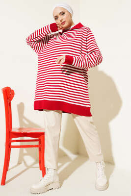Yatay Çizgili Gömlek Yaka Triko Tunik Kırmızı - Triko Tunik